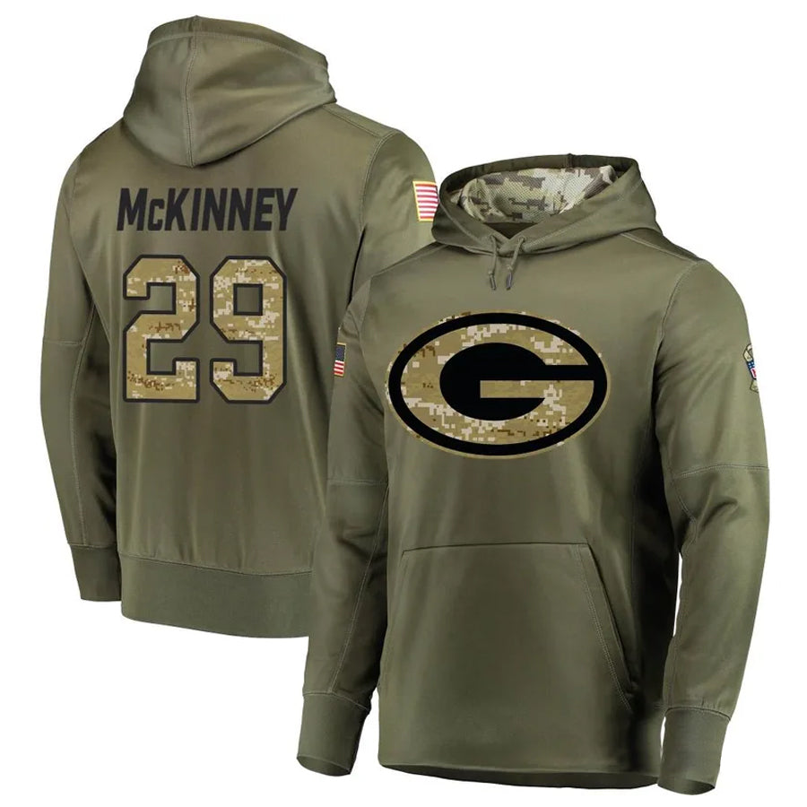 GB.Packers #29 Xavier McKinney Player Olive Salute to Service Pullover Hoodie Game Football Jerseys
