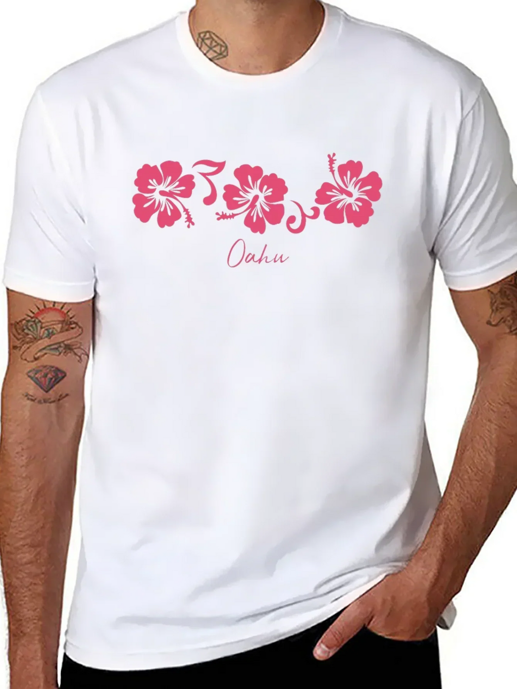 Oahu Pink Hibiscus Flower Graphic Black T-Shirt