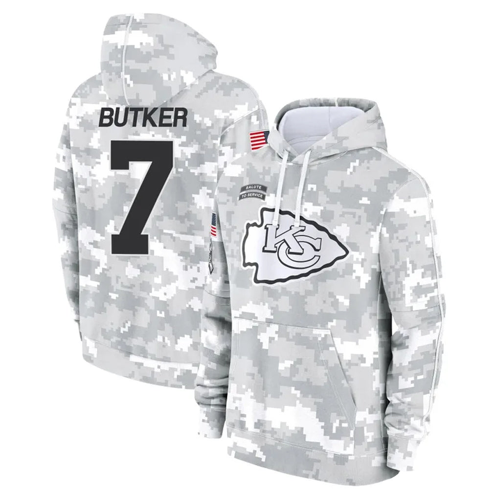 KC.Chiefs #7 Harrison Butker Player Arctic Camo Salute to Service Hoodies Football Jerseys