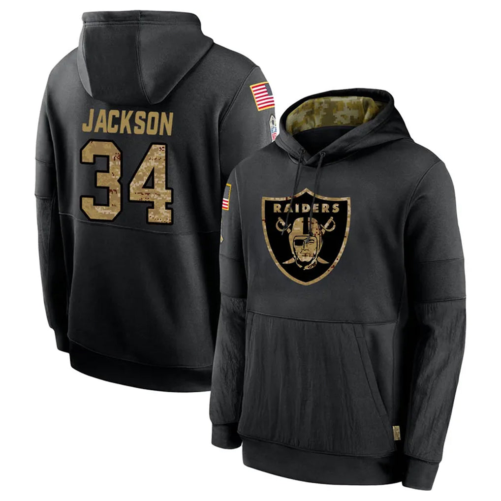LV.Raiders #34 Bo Jackson Player Salute to Service Black Hoodies Football Jerseys