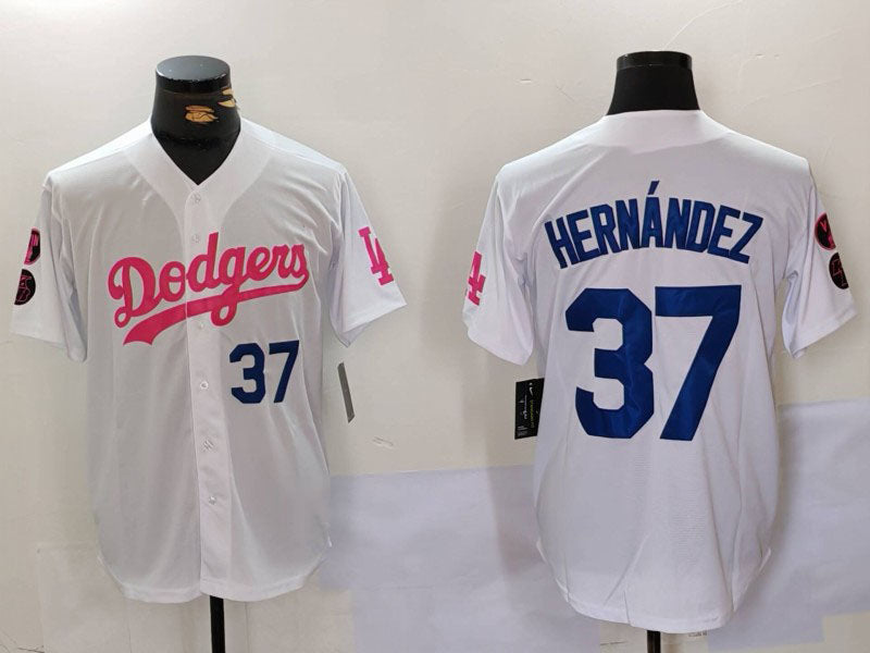 LA.Dodgers #37 Teoscar Hernndez White Pink Stitched Baseball Jerseys Player Game Jersey