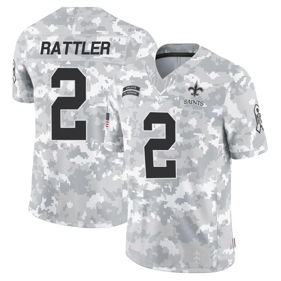 NO.Saints #2 Spencer Rattler Player Arctic Camo Salute to Service Limited Football Jerseys