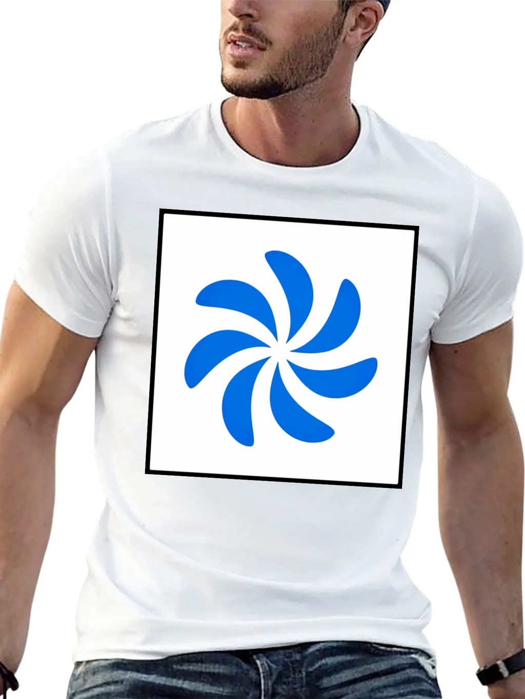 Stylish Black T-Shirt with Abstract Blue Swirl Design