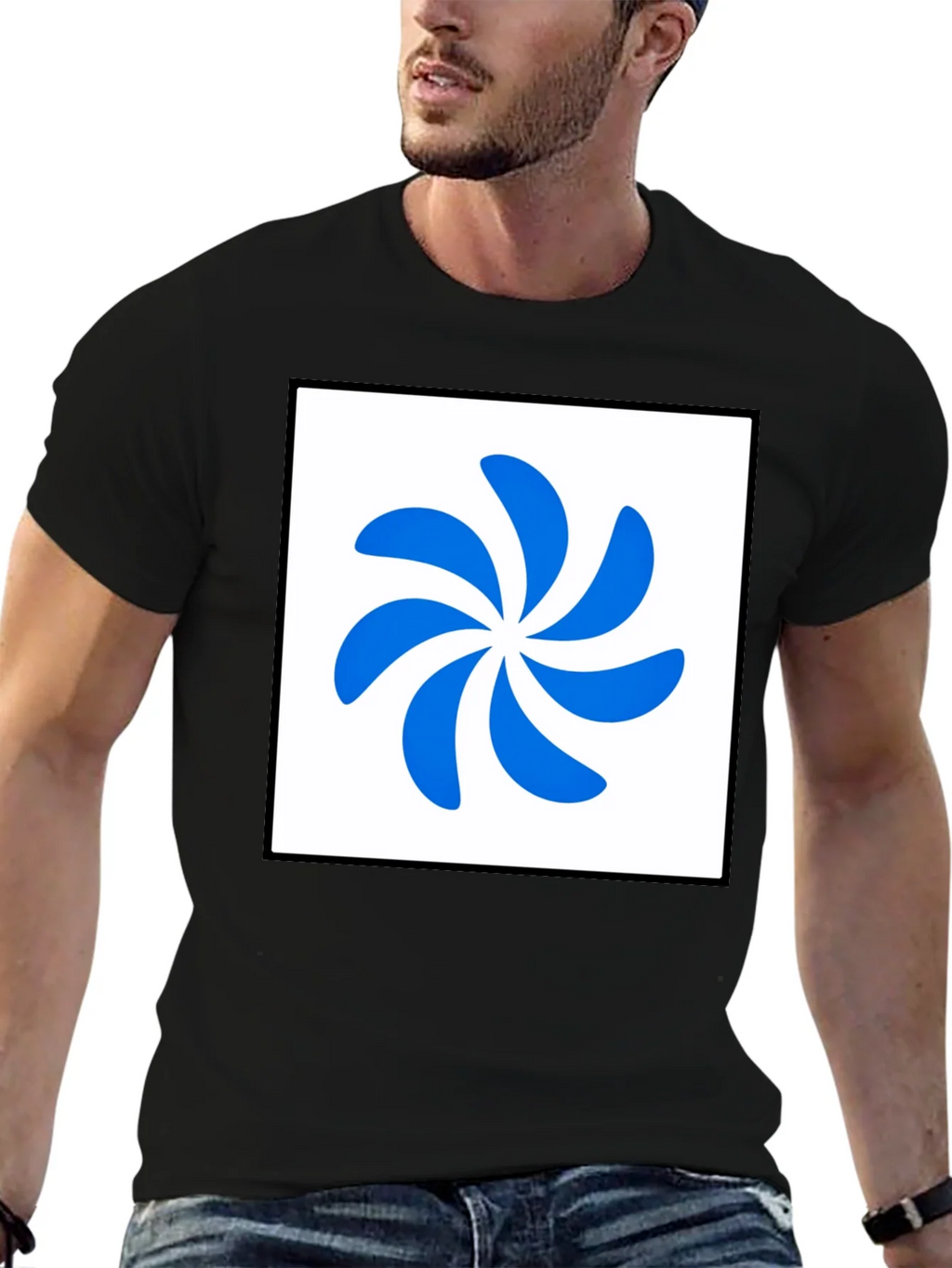 Stylish Black T-Shirt with Abstract Blue Swirl Design