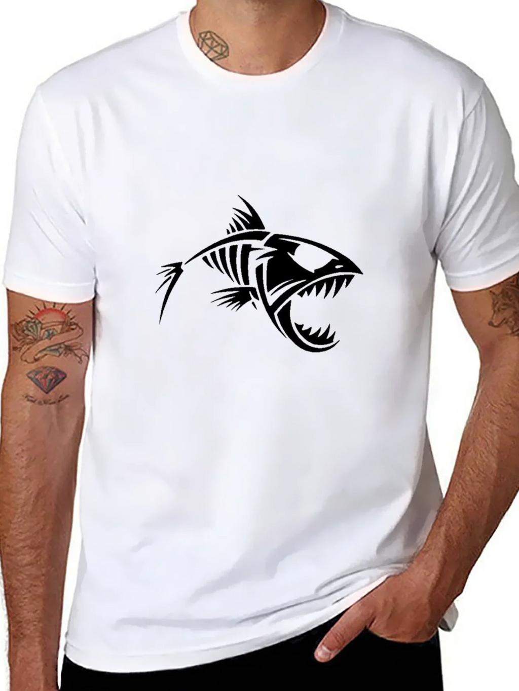Edgy Fish Skeleton Graphic Black T-Shirt