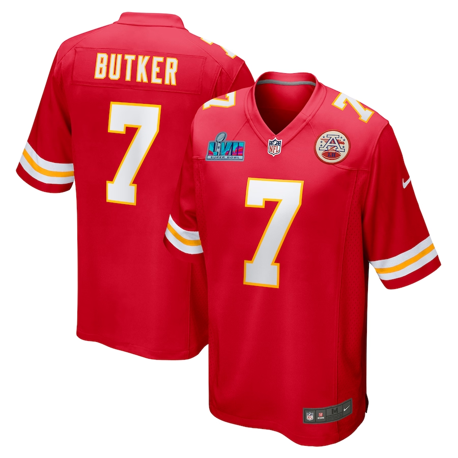 Men's Kansas City Chiefs Harrison Butker #7 Red Super Bowl LVII Patch Game Jersey1