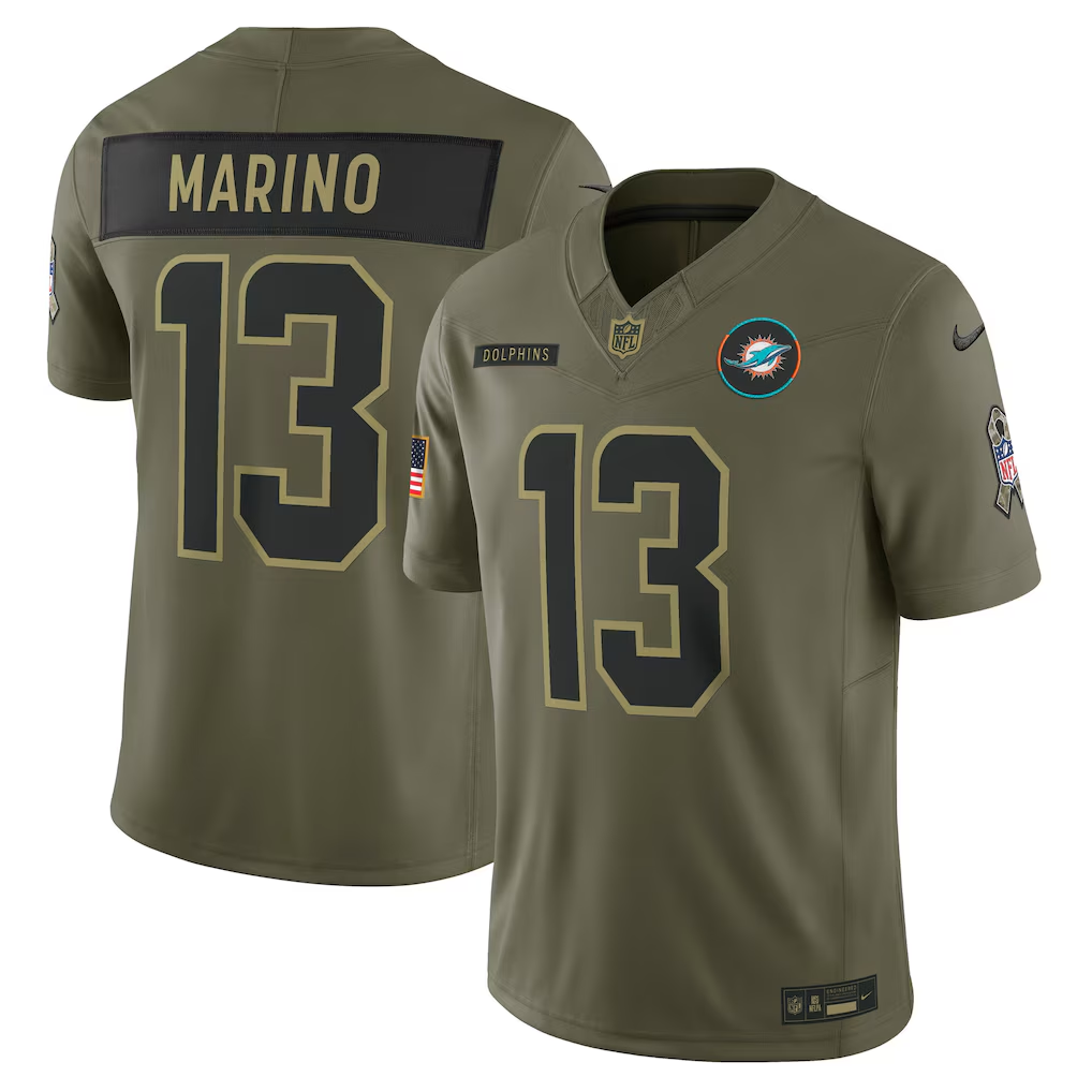 Men's Miami Dolphins Dan Marino  Olive 2025 Salute to Service Retired Limited Jersey