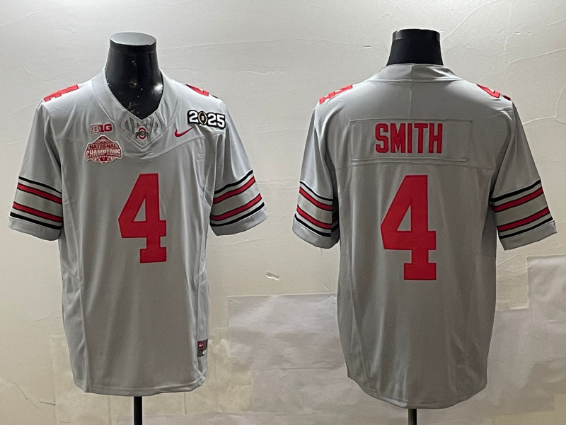 Men's Ohio State Buckeyes Jeremiah Smith #4 Gray 2025 CFP Final National Champions Patch F.U.S.E. Jersey