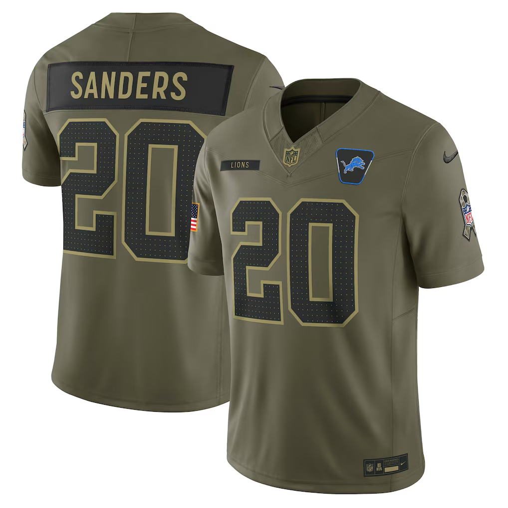 Men's Detroit Lions Barry Sanders  Olive 2025 Salute to Service Retired Limited Jersey