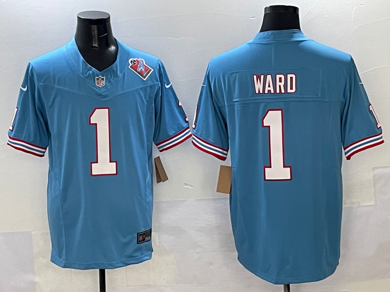 Men's Tennessee Titans Cameron Ward #1 Light Blue 2025  Draft First Round Pick Game Jersey