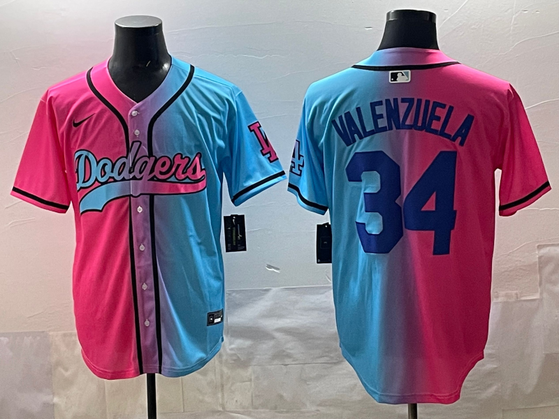 Men's Los Angeles Dodgers Fernando Valenzuela #34 Pink/Blue Player Jersey