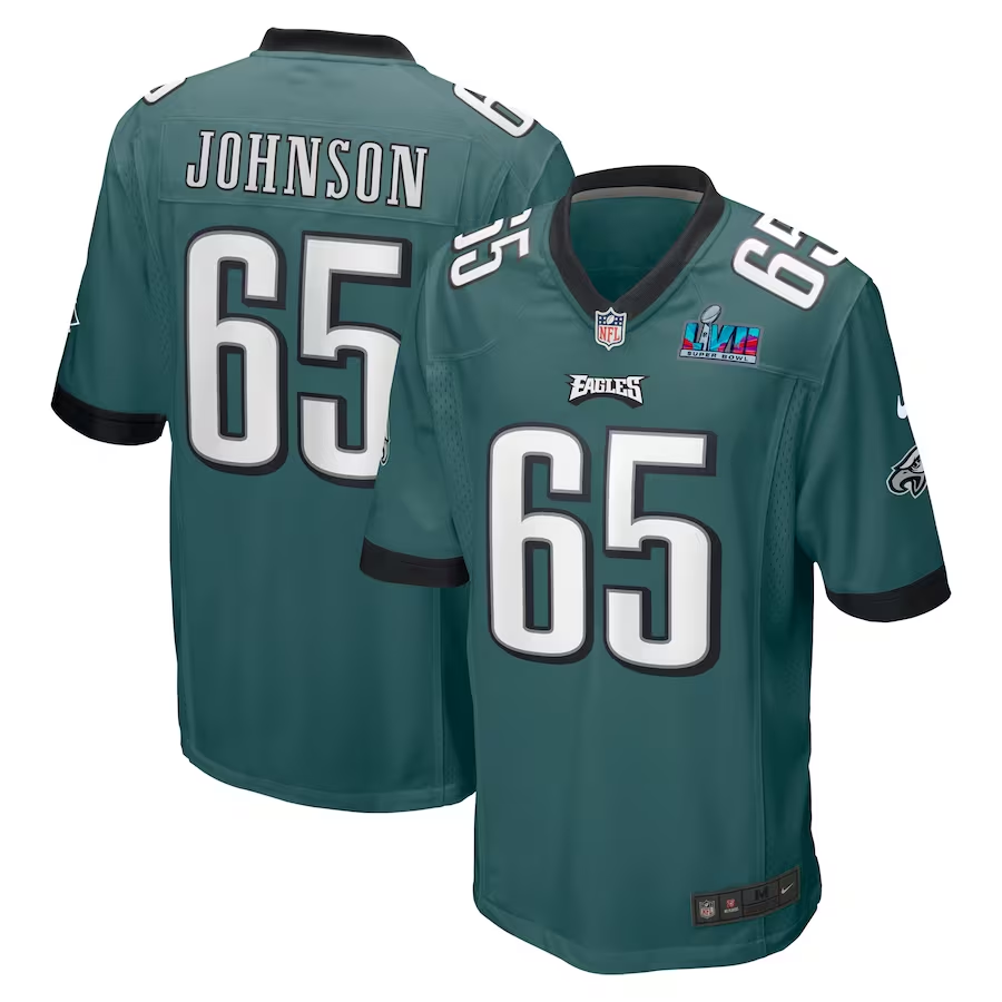 Men's Philadelphia Eagles Lane Johnson #65 Midnight Green Super Bowl LVII Patch Game Jersey1