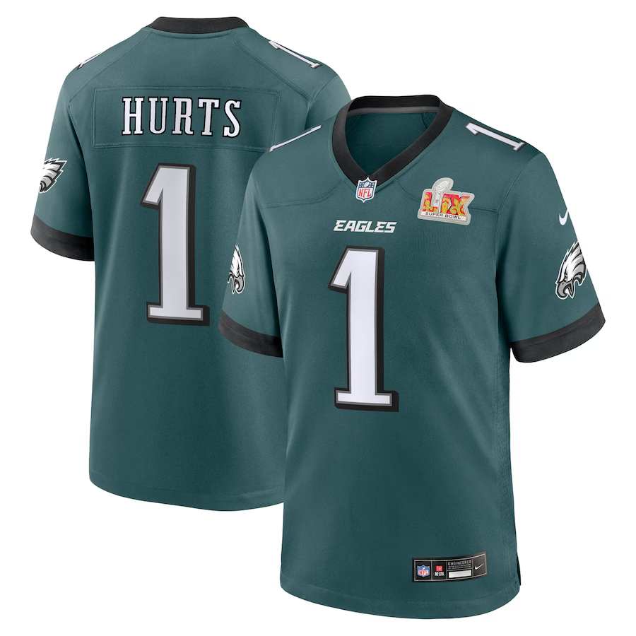 Men's Philadelphia Eagles Jalen Hurts #1 Midnight Green Super Bowl LIX Game Player Jersey1