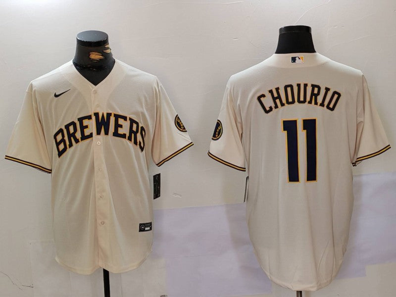 Men's Milwaukee Brewers Jackson Chourio #11 Cream Home Limited Player Jersey1