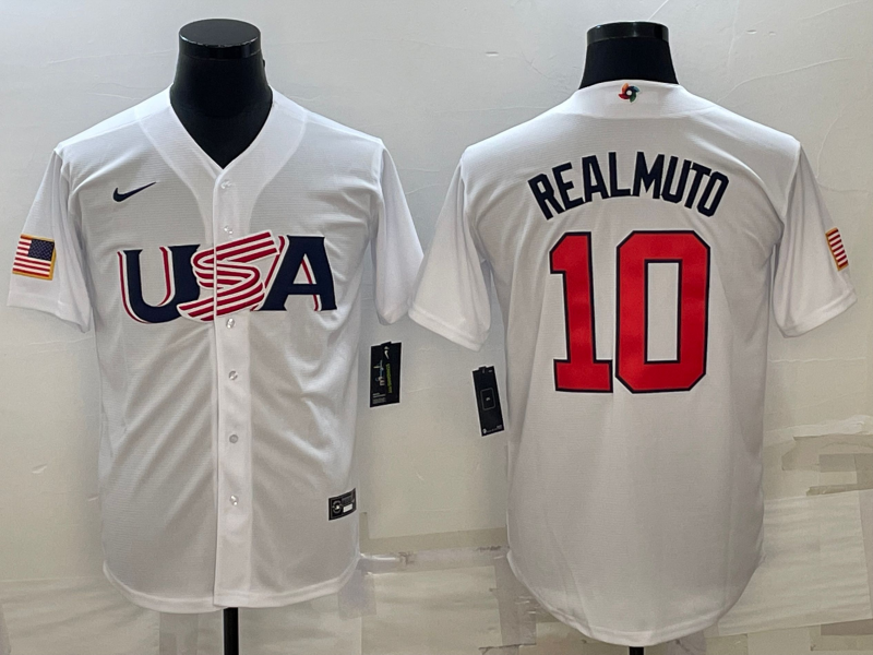 Men's 2023 World Baseball Classic #10 J. T. Realmuto USA White Jersey1