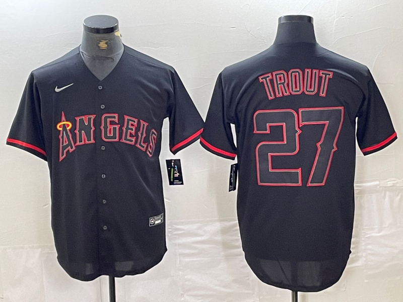 Men's Los Angeles Angels Mike Trout #27  Black Sewn Baseball Jersey