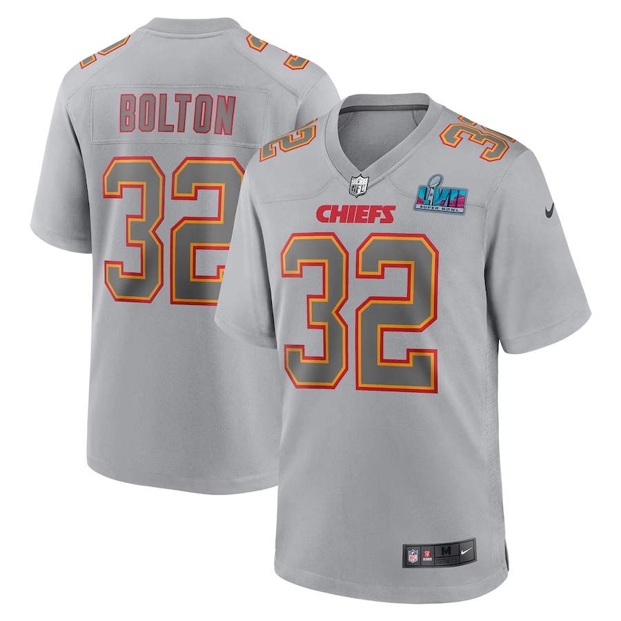 Men's Kansas City Chiefs #32 Bolton  Gray Super Bowl LVII Patch Atmosphere Fashion Game Jersey1