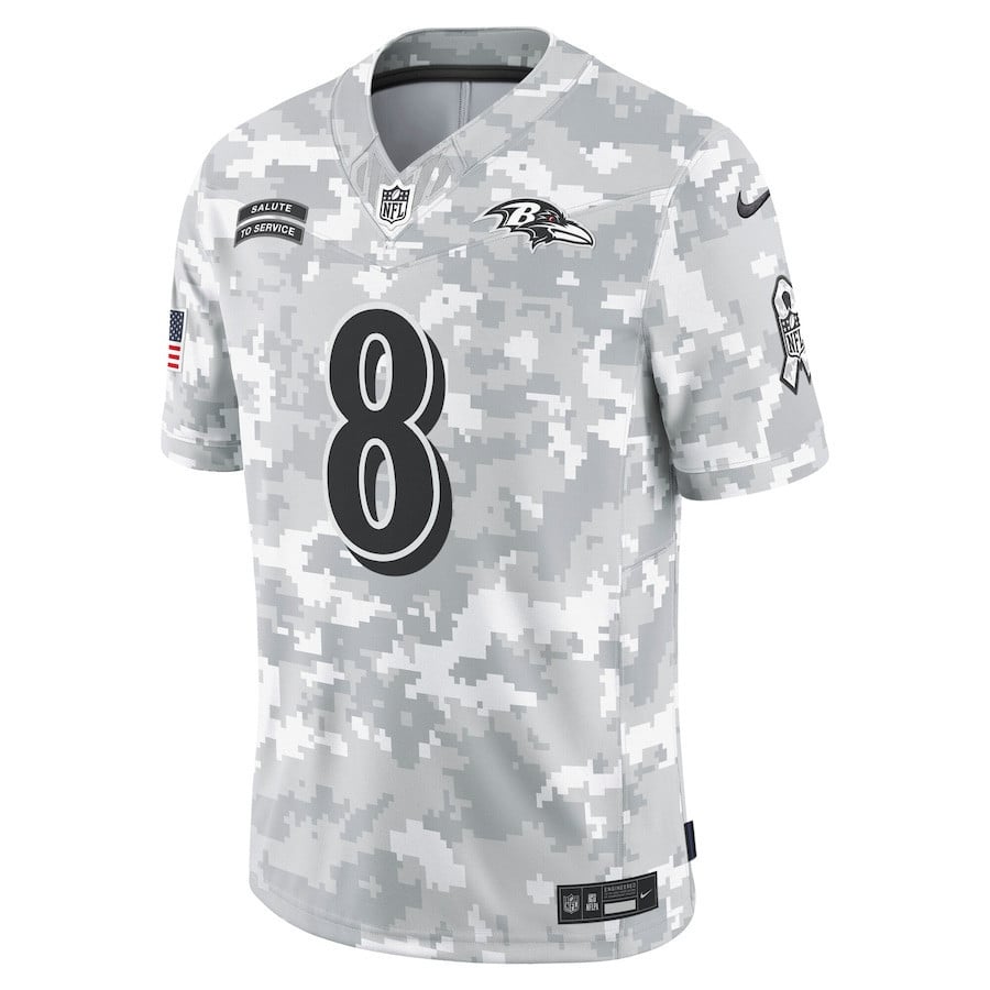 Lamar Jackson 8 Baltimore Ravens 2024 Salute to Service Limited Men Jersey - Arctic Camo