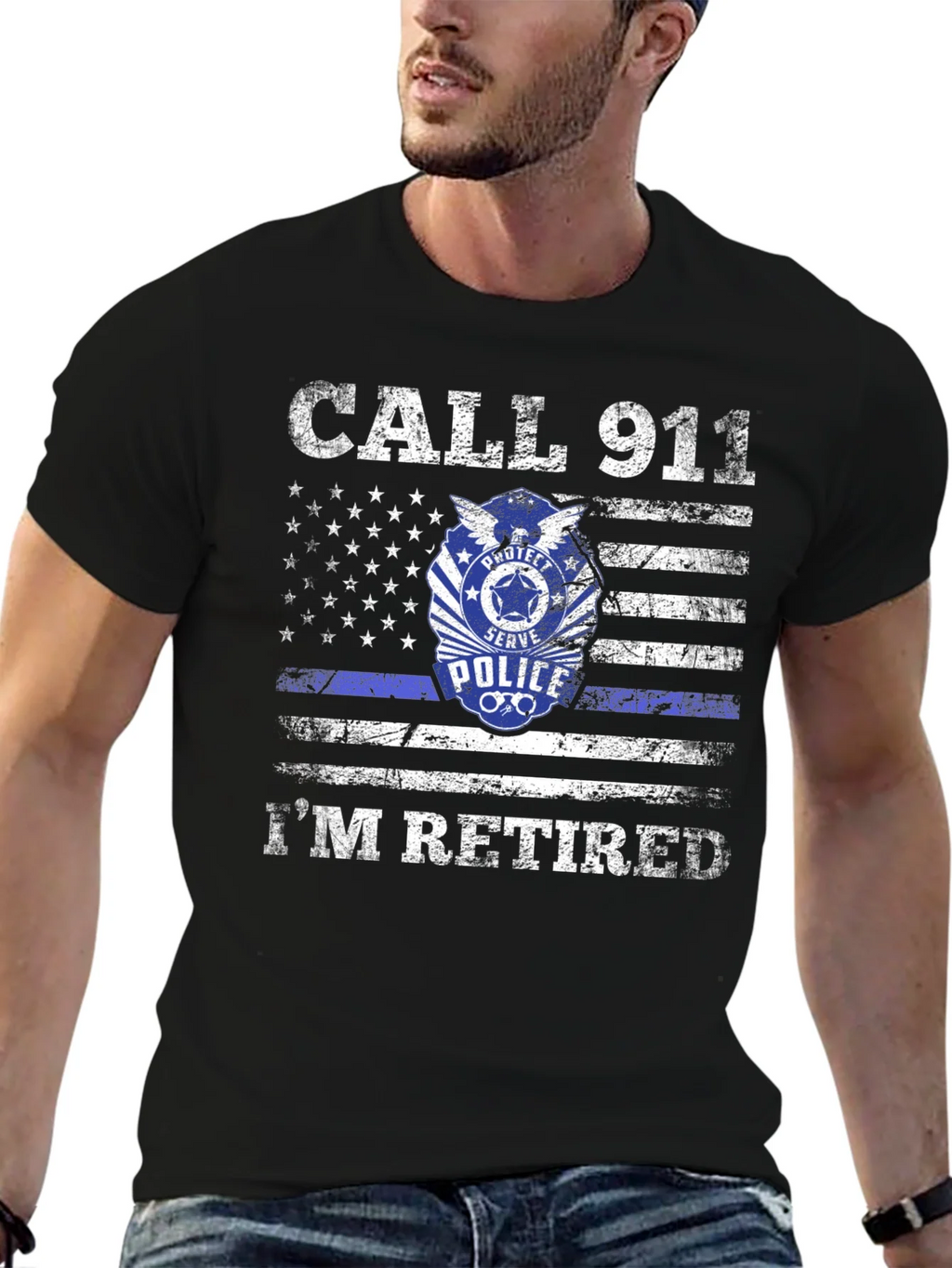 Retired Police American Flag Graphic T-Shirt