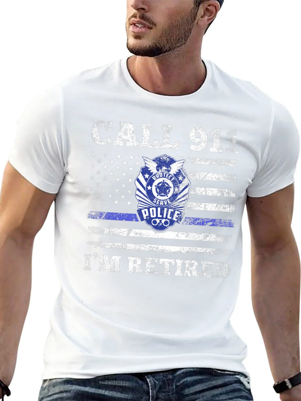 Retired Police American Flag Graphic T-Shirt