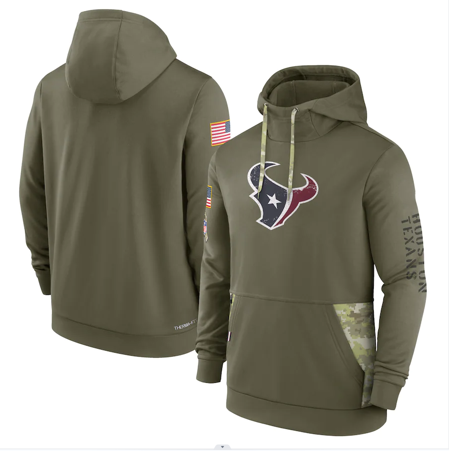 Men's Houston Texans Olive 2022 Salute to Service Therma Performance Pullover Hoodie1