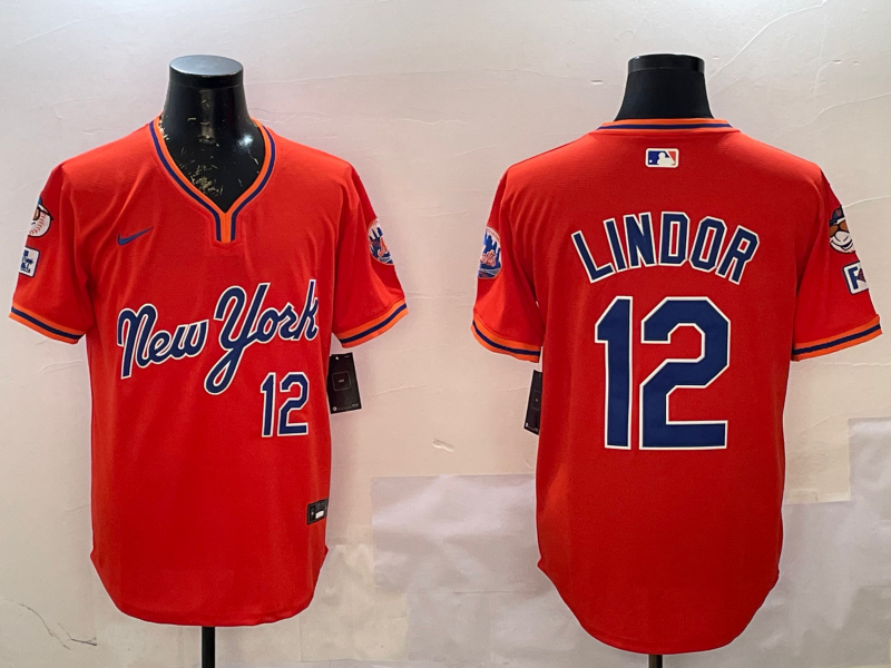Men's New York Mets Francisco Lindor #12 Orange Replica Player Jersey1