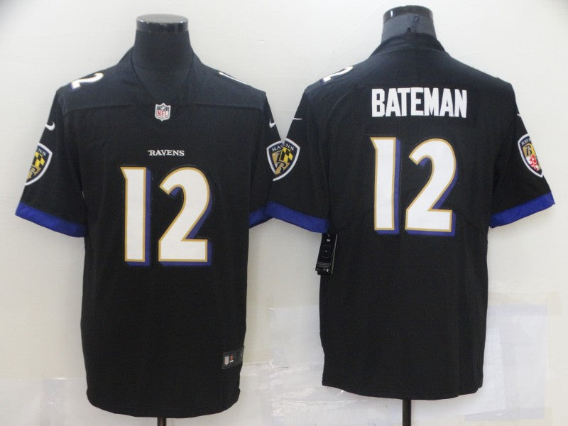 Men's Baltimore Ravens Rashod Bateman #12 Black Game Jersey1