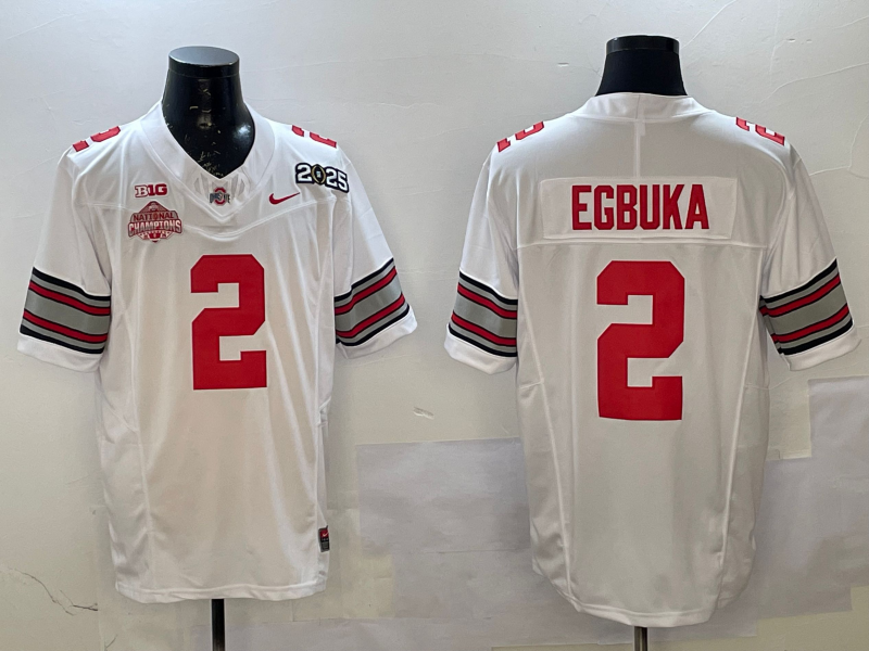Men's Ohio State Buckeyes Emeka Egbuka #2 White 2025 CFP Final National Champions Patch F.U.S.E. Jersey