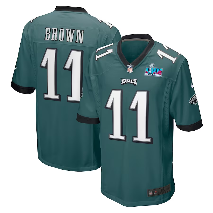 Men's Philadelphia Eagles A.J. Brown #11 Midnight Green Super Bowl LVII Patch Game Jersey1