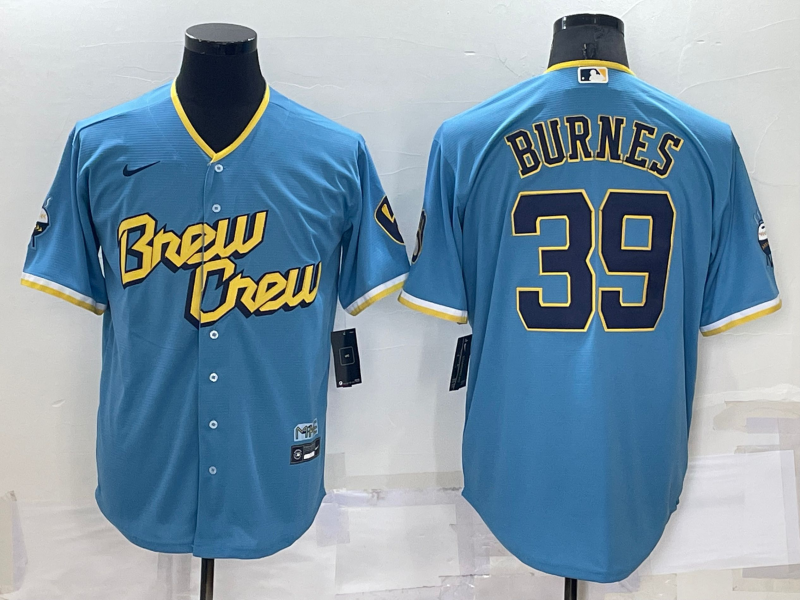 Men's Milwaukee Brewers Corbin Burnes #39 Blue Stitched Jersey1