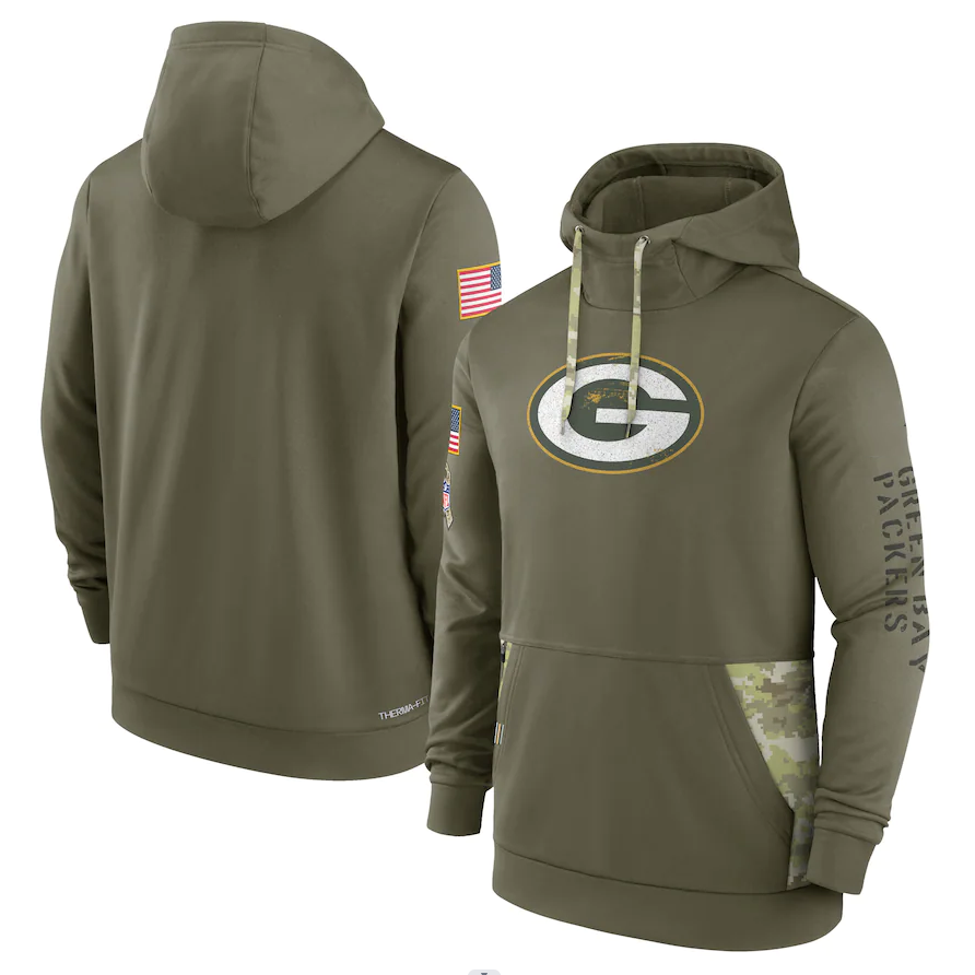 Men's Green Bay Packers Olive 2022 Salute to Service Therma Performance Pullover Hoodie1