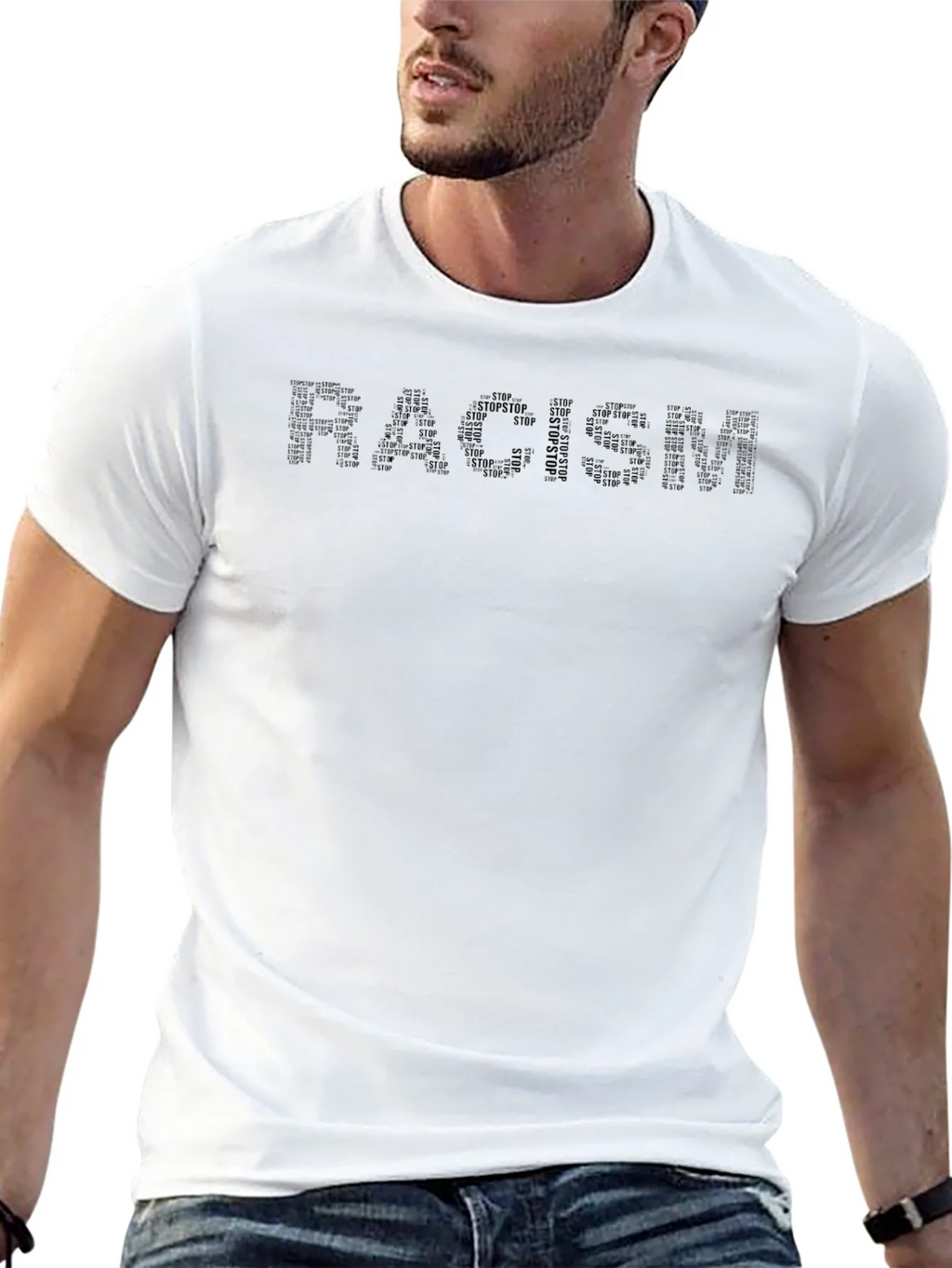 Stop Racism T-Shirt - Black Crew Neck Activism Tee