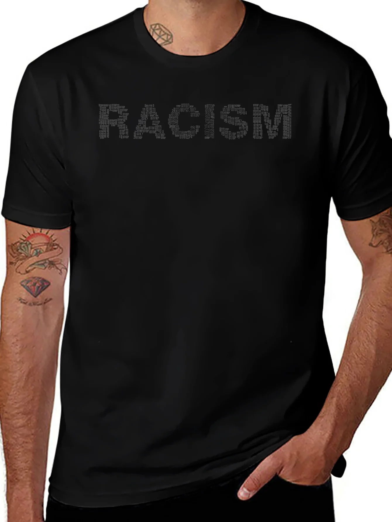 Stop Racism T-Shirt - Black Crew Neck Activism Tee