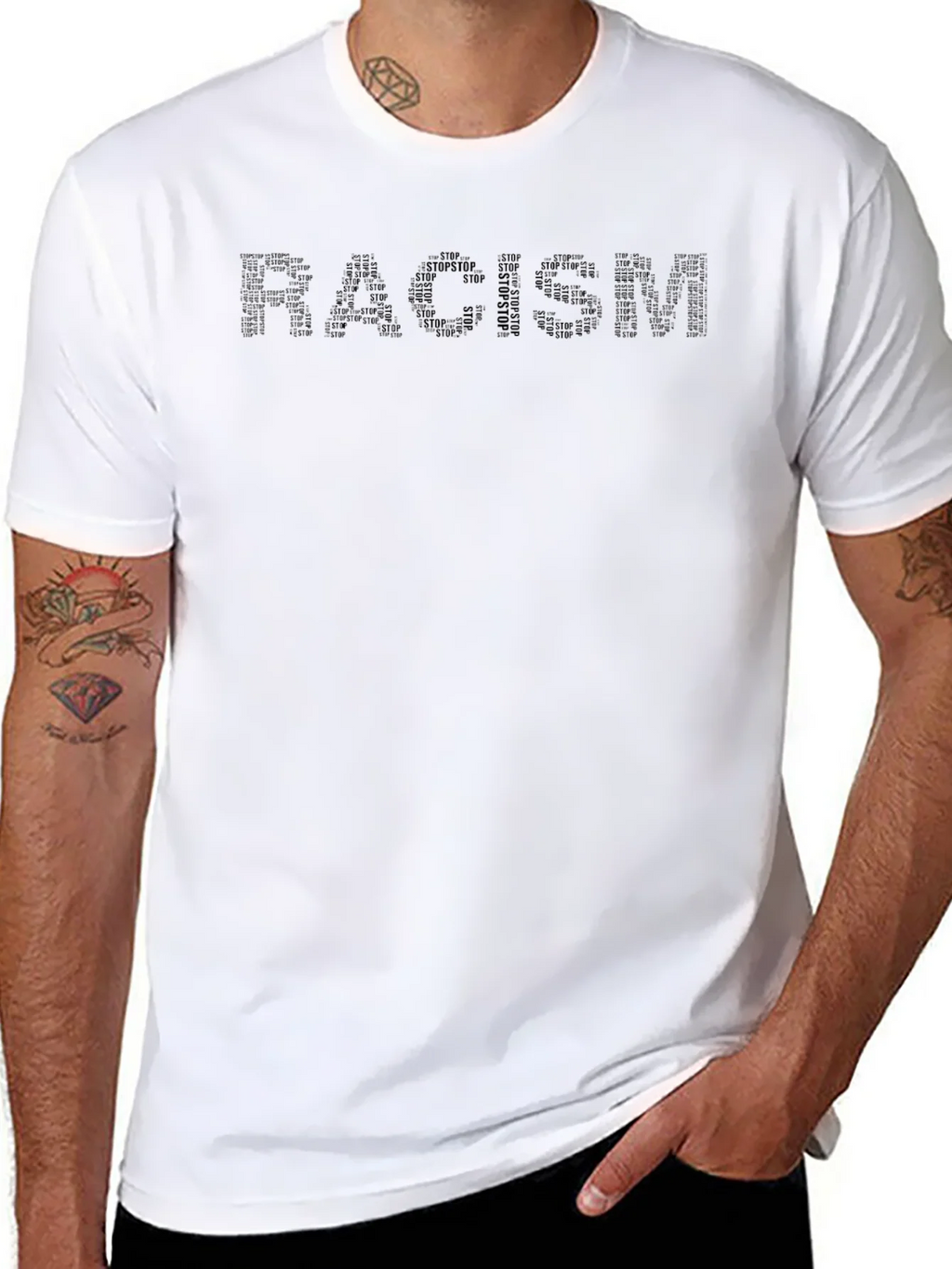 Stop Racism T-Shirt - Black Crew Neck Activism Tee