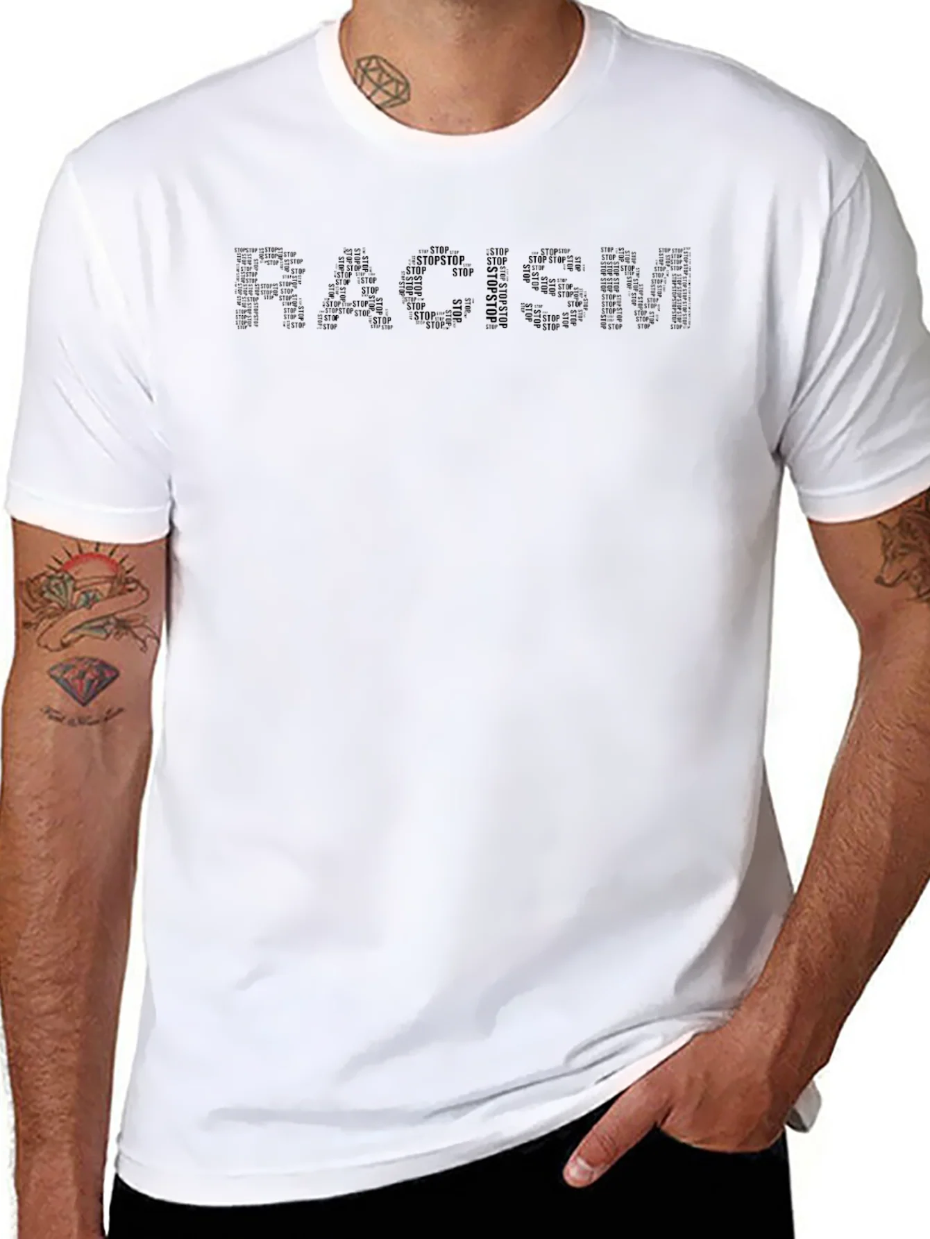 Stop Racism T-Shirt - Black Crew Neck Activism Tee
