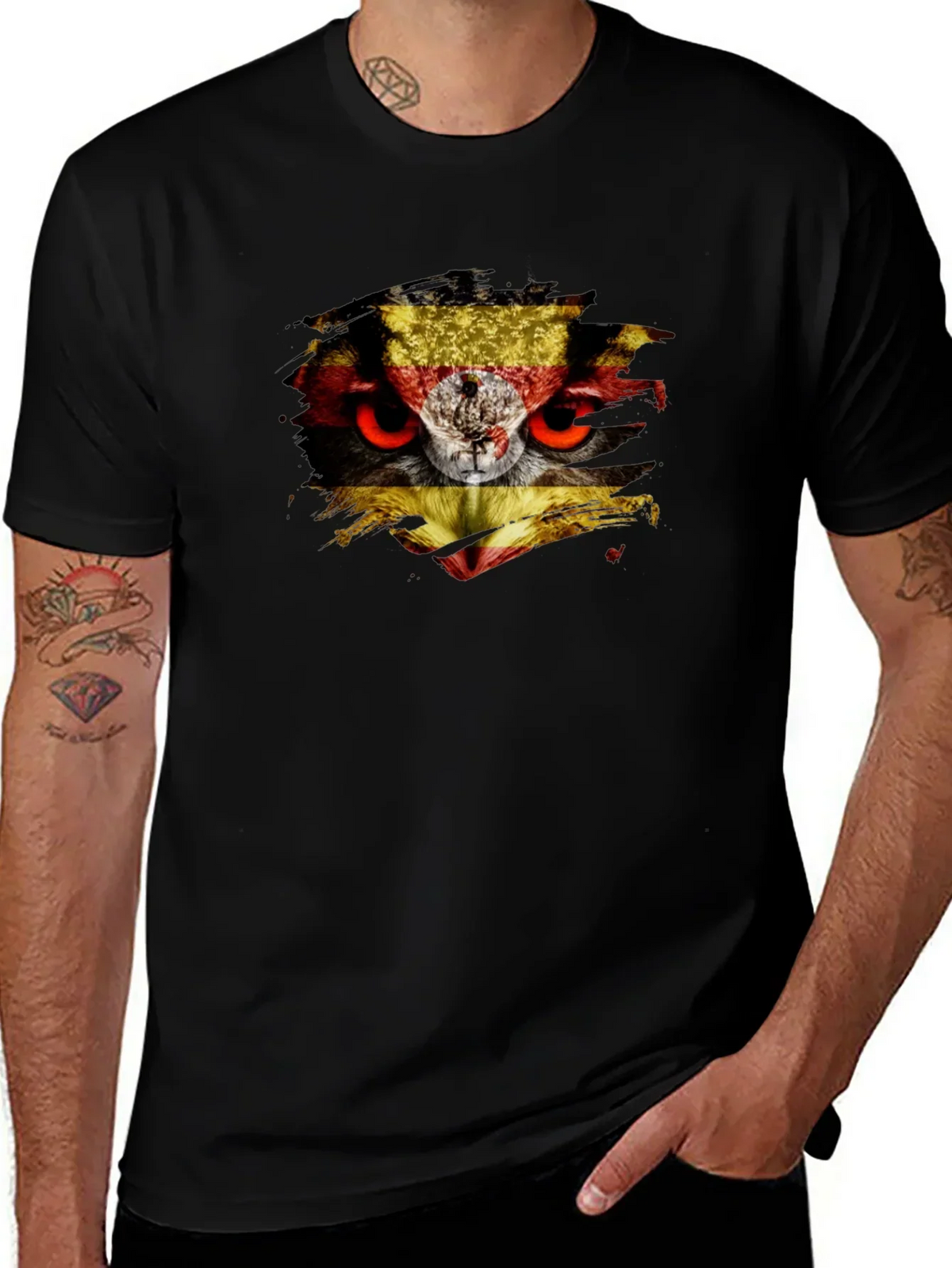 Owl Uganda Flag Graphic Black T-Shirt