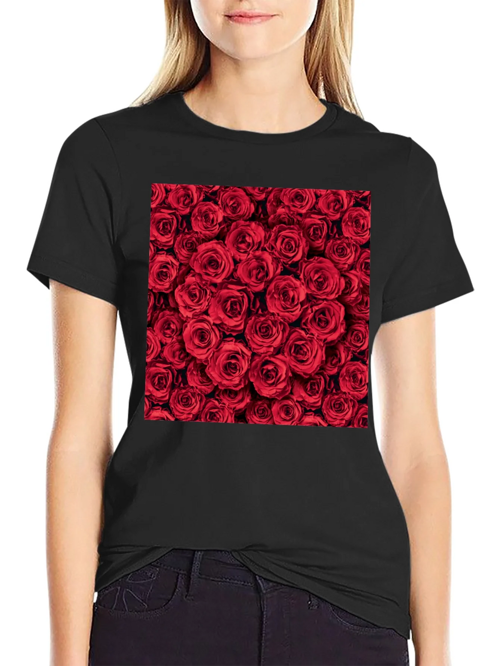 Red Roses Floral Print Crew Neck T-Shirt
