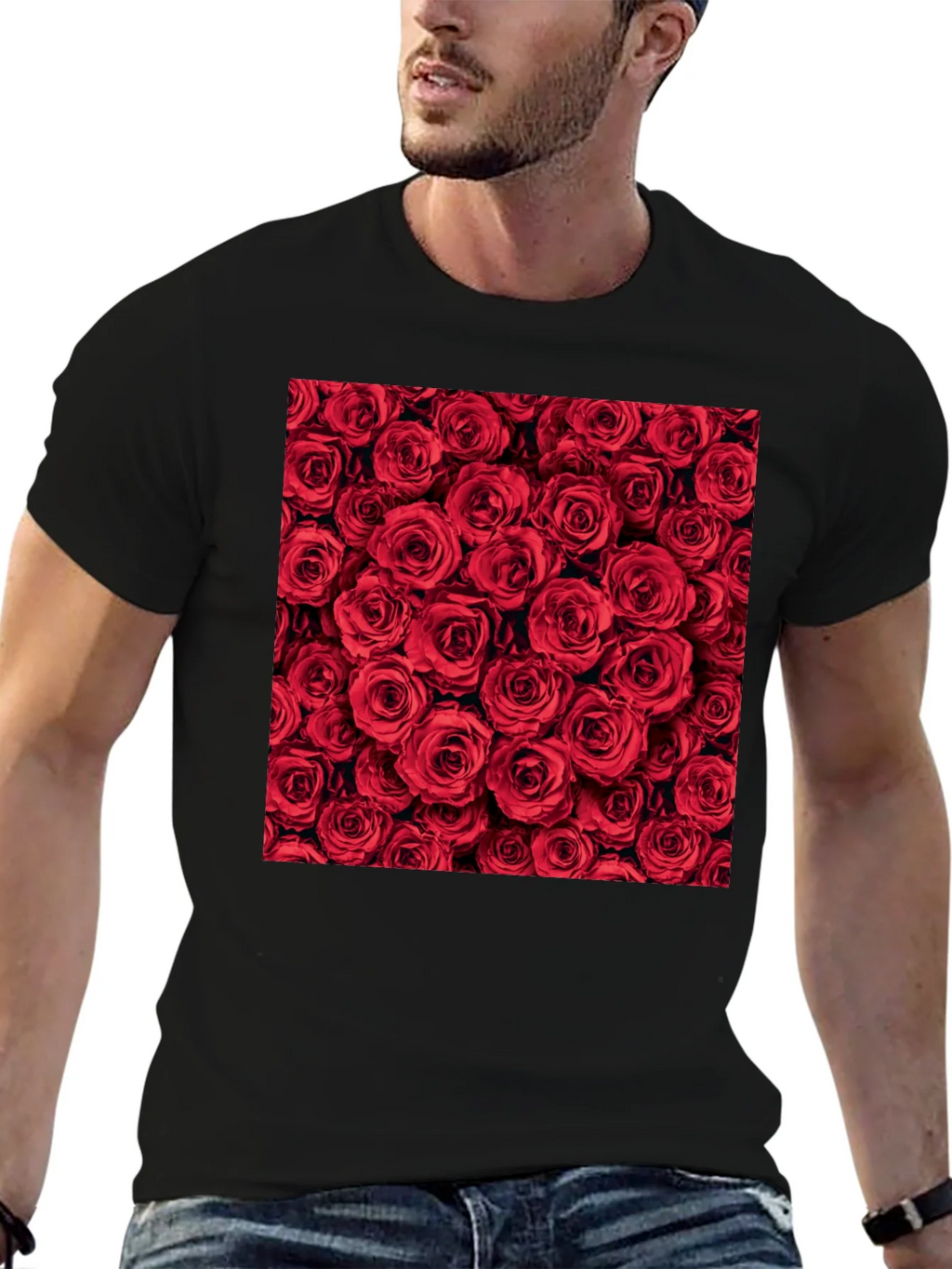Red Roses Floral Print Crew Neck T-Shirt