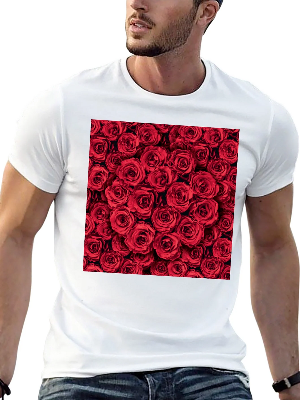 Red Roses Floral Print Crew Neck T-Shirt