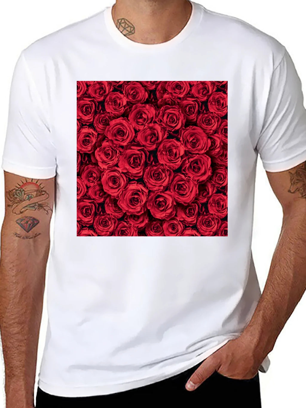 Red Roses Floral Print Crew Neck T-Shirt