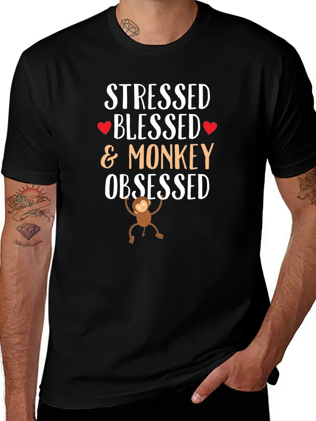 Stressed Blessed Monkey Obsessed Black T-Shirt