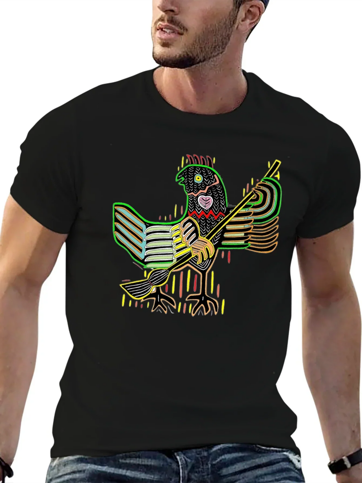 Vibrant Folk Art Chicken Graphic Tee - Black