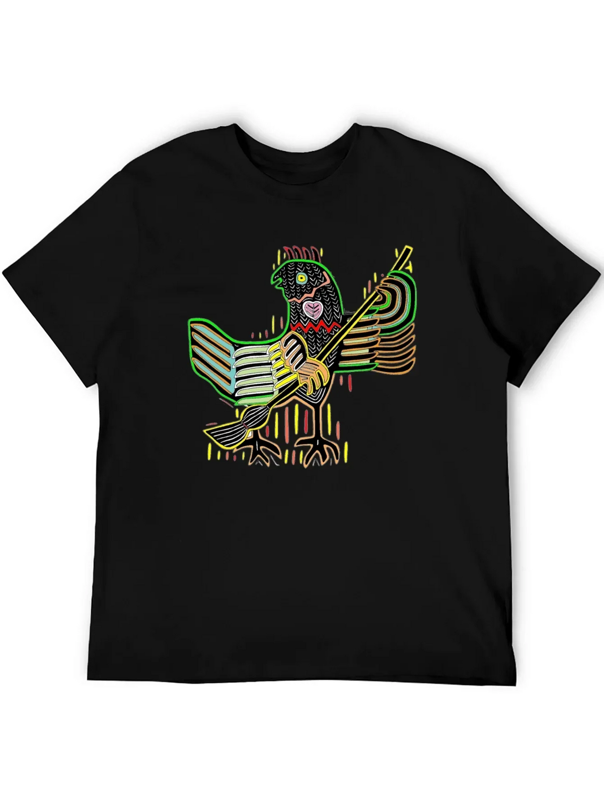 Vibrant Folk Art Chicken Graphic Tee - Black