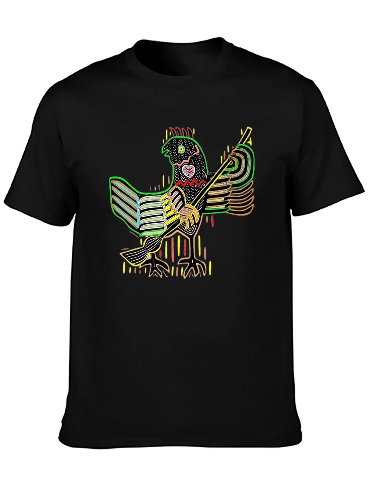 Vibrant Folk Art Chicken Graphic Tee - Black