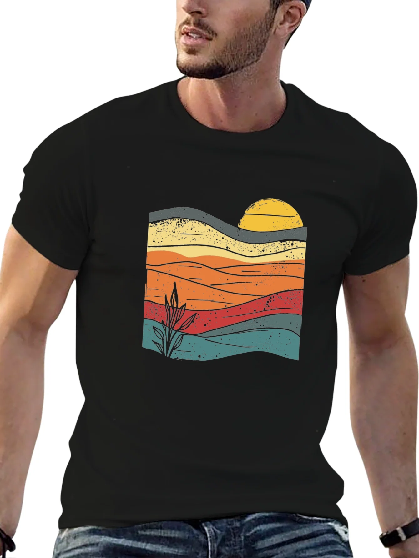Retro Sunset Graphic Tee - Black Cotton Blend