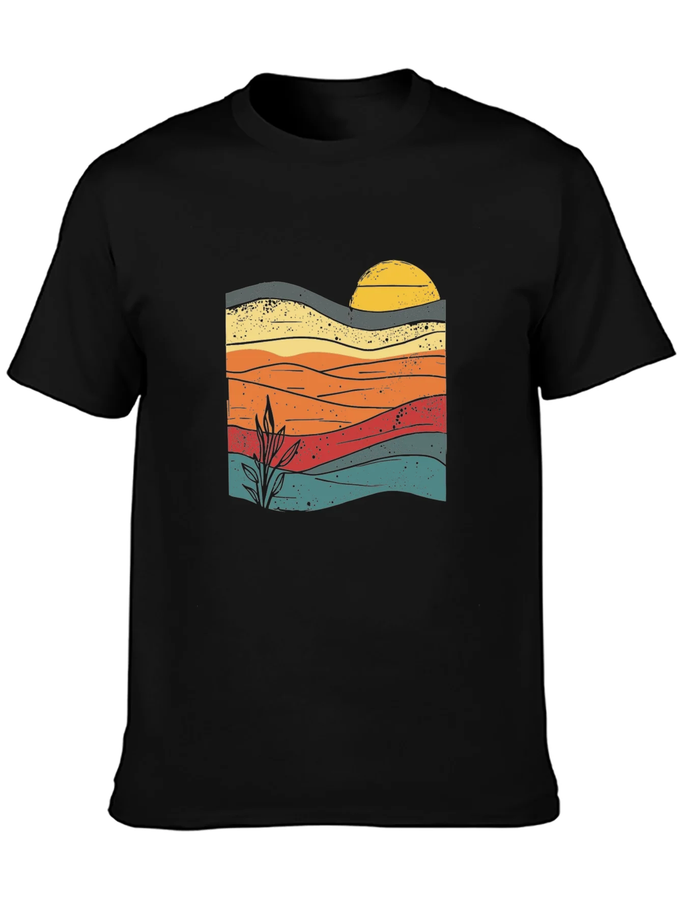 Retro Sunset Graphic Tee - Black Cotton Blend